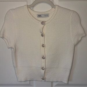 Zara White Short Sleeve Jewel Button Cardigan